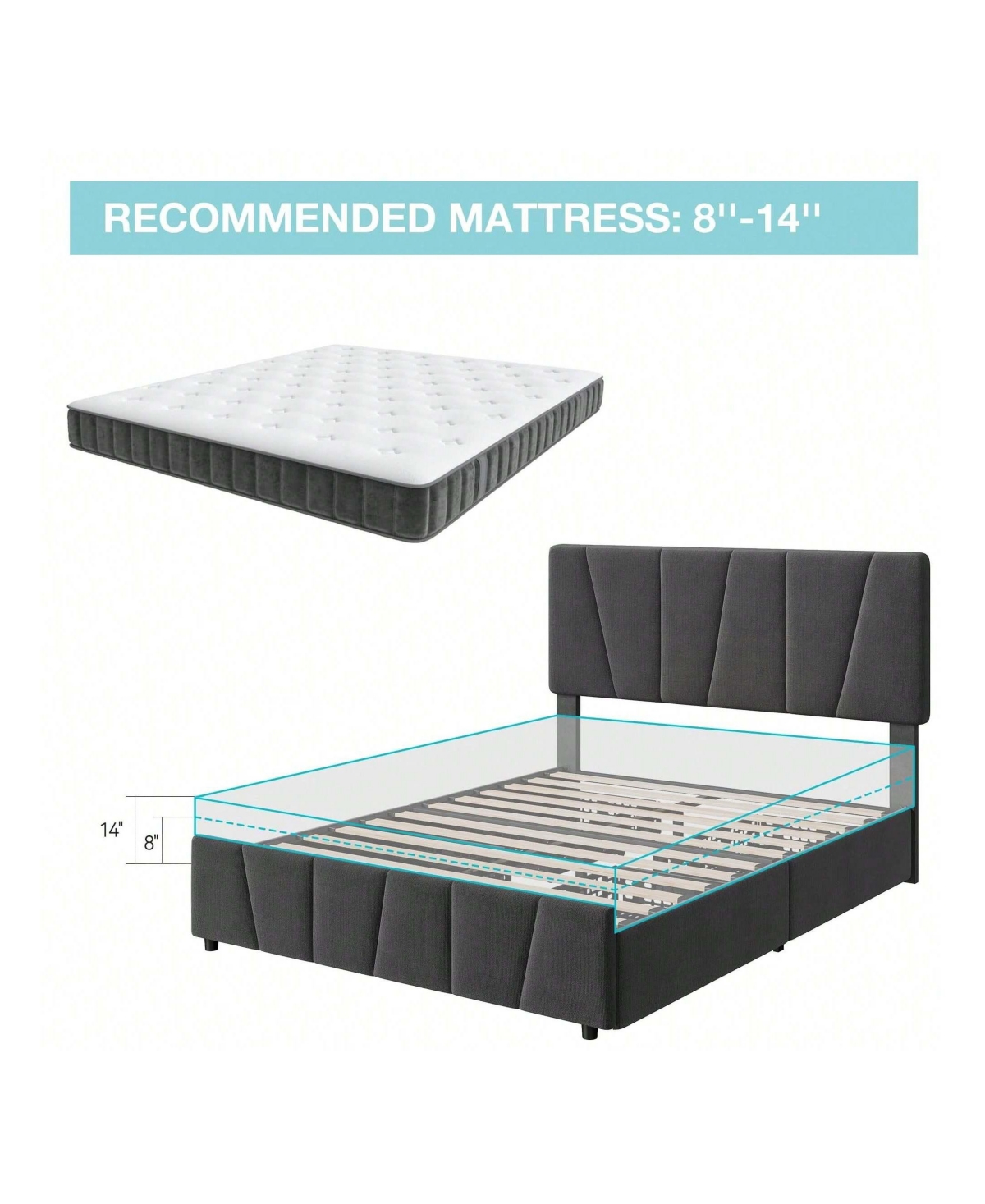 gaomon Bed Frame With Storage Drawers And Headboard, Upholstered Platform Bed Frame With Wooden Slats Support, No Box Spring Needed, Dark- Grey