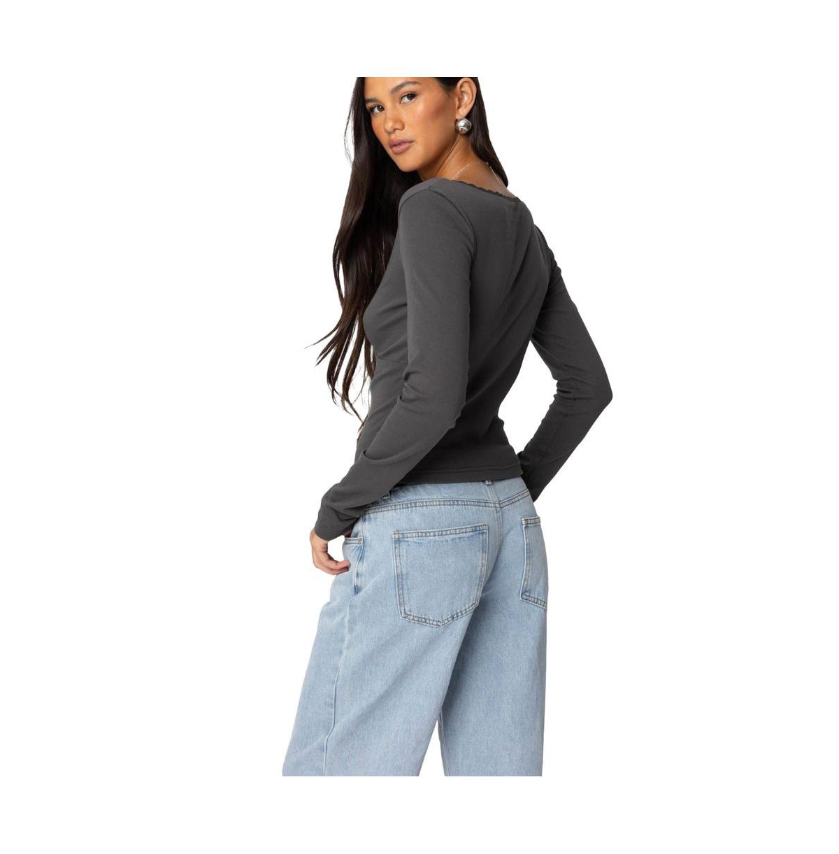 Edikted Women's Adrienne Lace Trim Top - Dark-gray