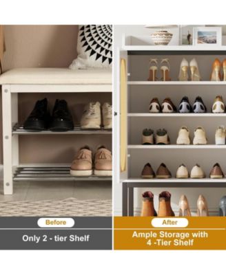 3-Door Shoe Cabinet – White, Rattan Style, 7-Tier Adjustable Shelves, Freestanding Storage for Entryway & Living Spaces.