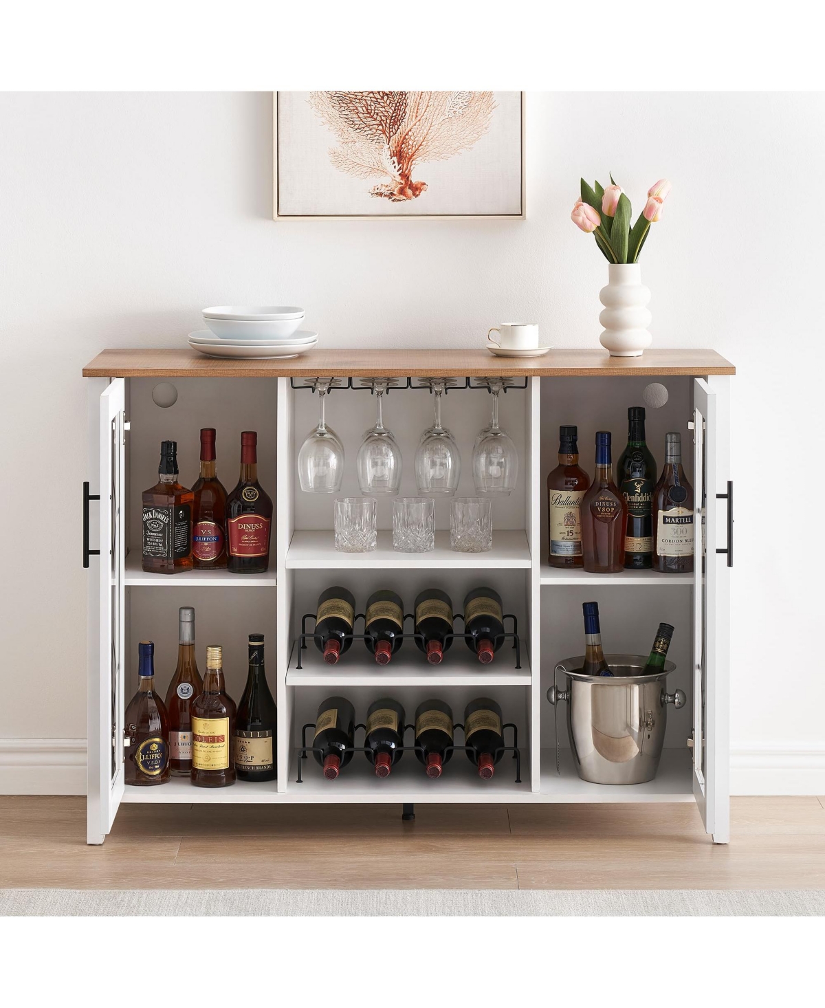 gaomon Wine Bar Cabinet with Led Light,Home Coffee Cabinet with Wine and Glass Rack,Kitchen Buffet Sideboard with Storage