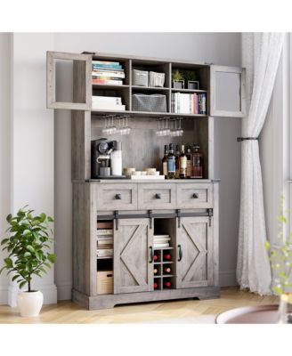 72" Farmhouse Bar Cabinet with Sliding Barn Door, Tall Kitchen Buffet with Storage Hutch and 3 Drawer