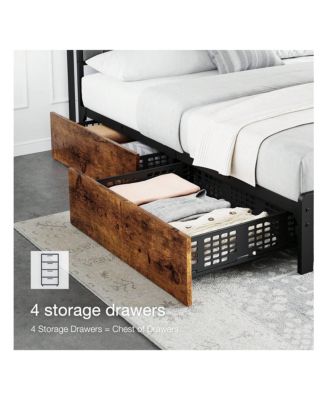 Bed Frame With 4 Storage Drawers And Linen Upholstered Headboard,Platform Bed Frame With Charging Station, No Box Spring Needed, Easy Assembly, Vintage Brown