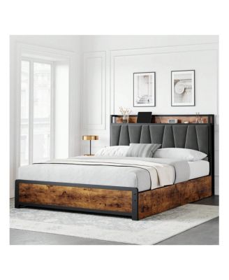 Bed Frame With 4 Storage Drawers And Linen Upholstered Headboard,Platform Bed Frame With Charging Station, No Box Spring Needed, Easy Assembly, Vintage Brown