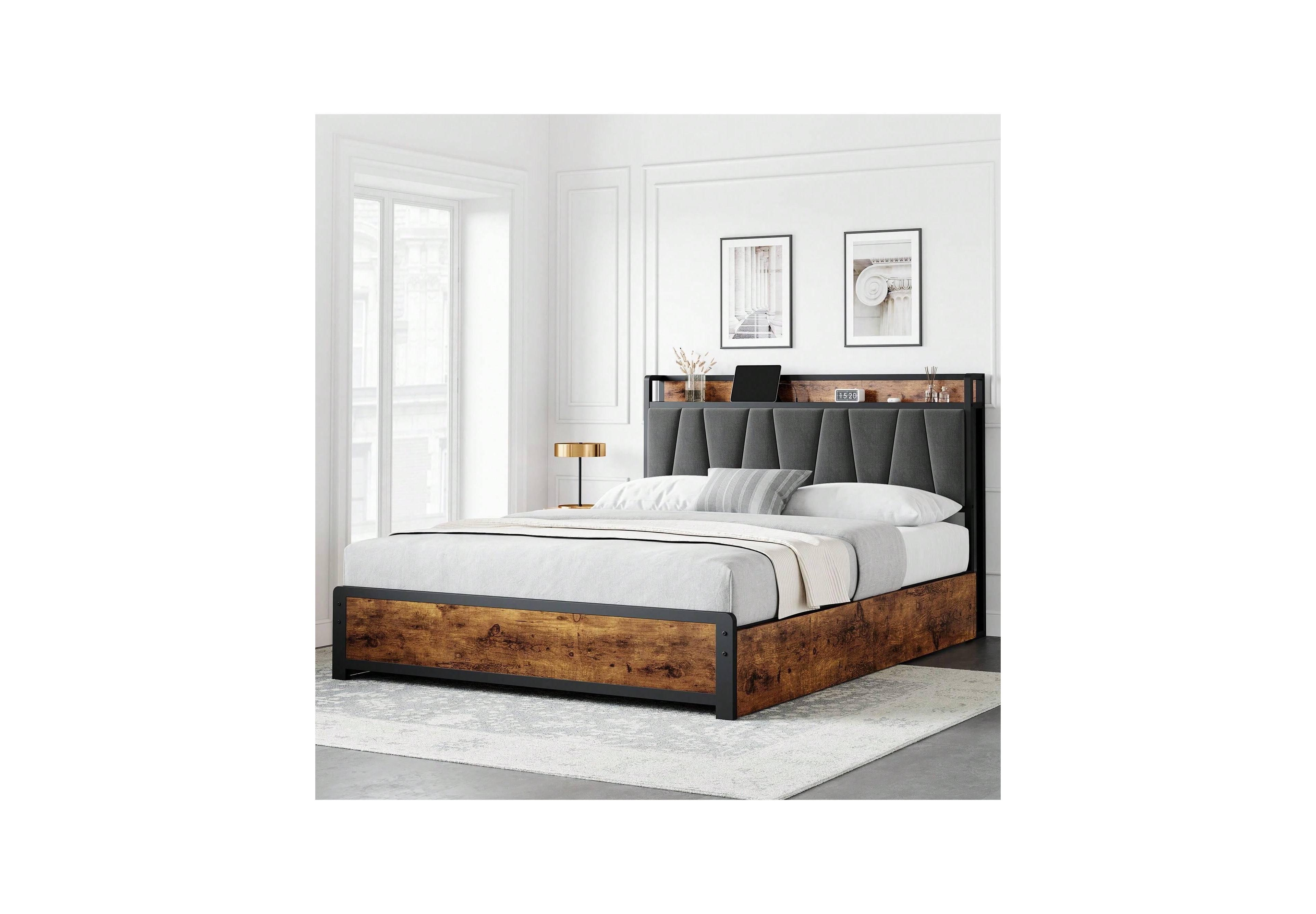 gaomon Bed Frame With 4 Storage Drawers And Linen Upholstered Headboard,Platform Bed Frame With Charging Station, No Box Spring Needed, Easy Assembly