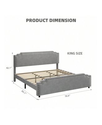 Full/Queen/King Size Bed Frame, Velvet Upholstered Platform Bed Frame With Rivet Decor Headboard And Strong Wood Slat Support, No Box Spring Needed, Easy Assembly, Grey