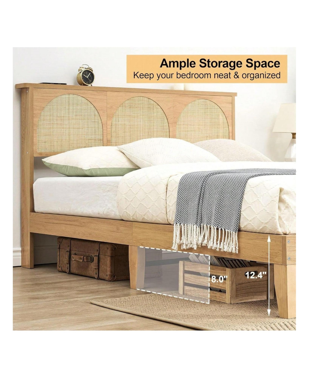 gaomon Full/Queen Bed Frame With Rattan Headboard, Boho Cane Platform Bed Frame With Led Lights