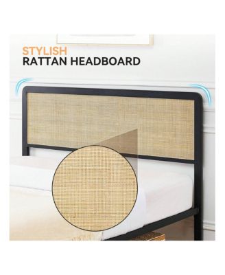 Bed Frame, Metal Bed Frame With Rattan Headboard And Footboard, Platform Bed Frame With Safe Rounded Corners, Under Bed Storage, Strong Metal Slat Support, No Box Spring Needed