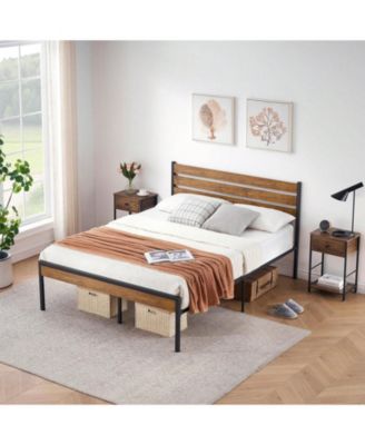 Full/Queen Bed Frame, Bed Frame With Wooeden Headboard And Footboard, Platform Bed Frame With Underbed Storage Space, Rustic Country Style, No Box Spring Needed
