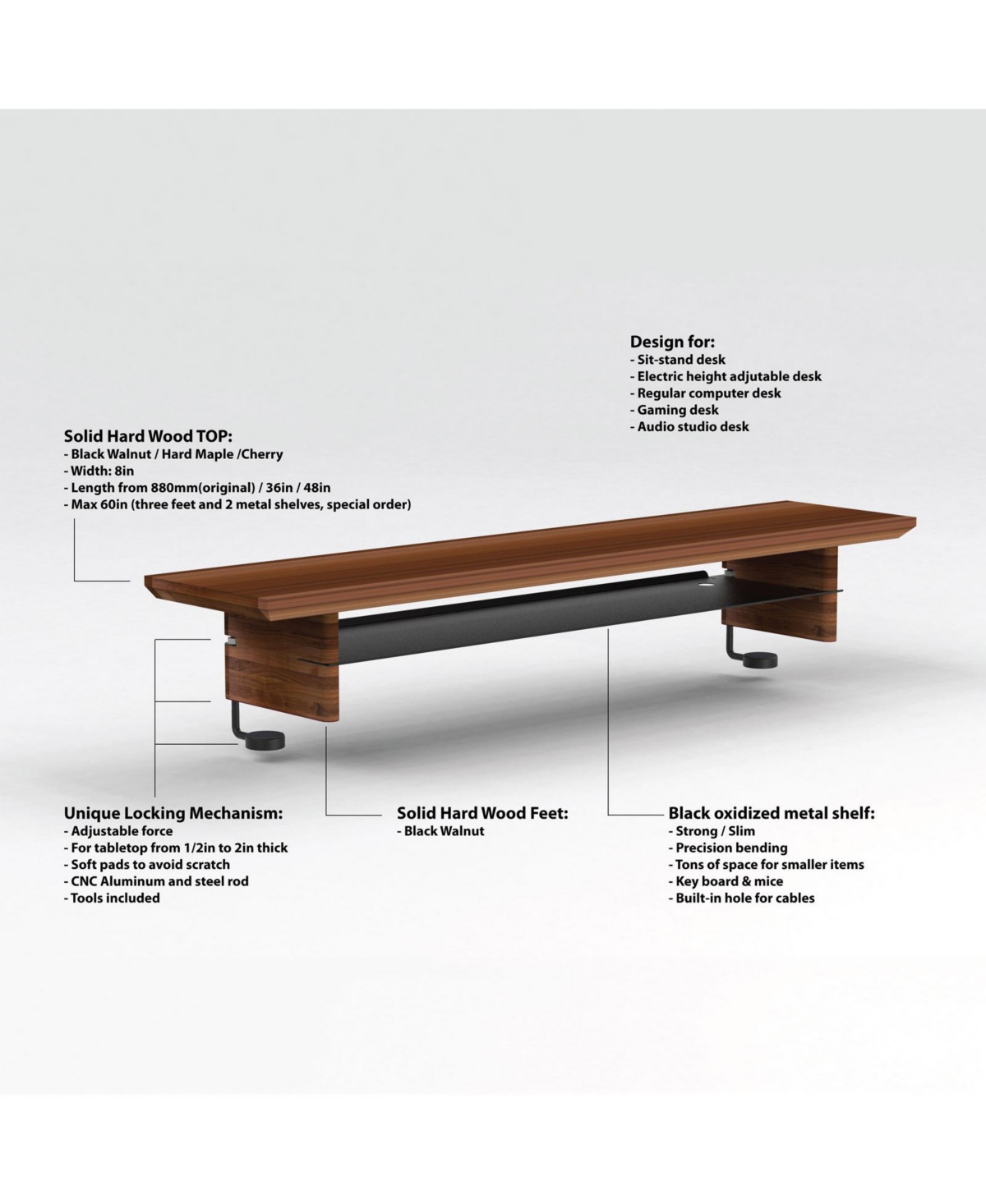 Decent Living Monitor Stand/Riser - Walnut 48in, Made in Canada