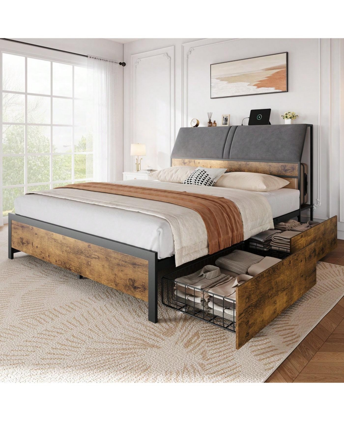 gaomon Bed Frame With Charging Station And 4 Storage Drawers, Metal Platform Bed With Ergonomic Large Storage Headboard, Noise-Free, No Box Sprin