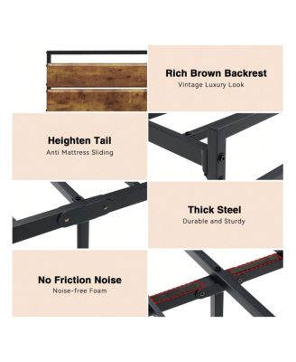 Full Size Metal Platform Bed Frame with Storage, Rustic Vintage Wood Headboard, Strong Metal Slats, Mattress Foundation, No Box Spring