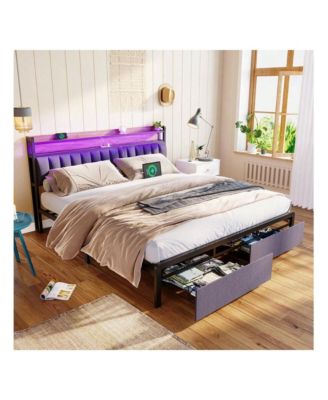 Full Size Bed Frame With Storage Headboard, 2 Drawers, Charging Station LED Upholstered Bed Frame, No Box Spring Needed Platform Bed Frame For Bedroom, Guest Room