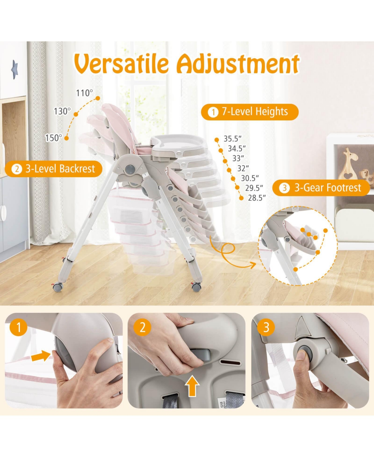 Costway High Chair for Babies & Toddlers with Rolling Wheels Adjustable Height Footrest