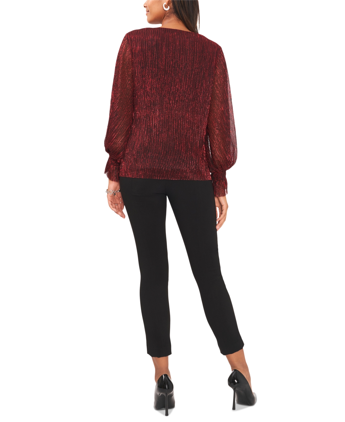 Shop Vince Camuto Women's Metallic V-neck Sheer-sleeve Top In Red