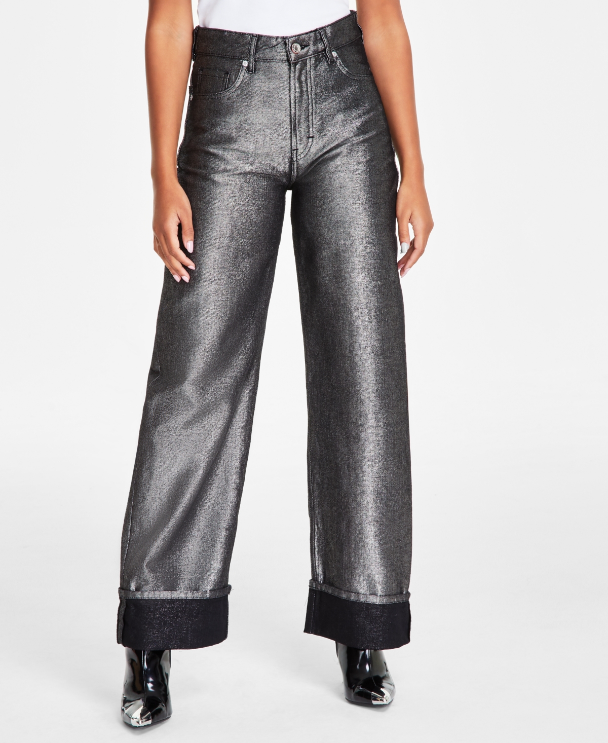 HUGO BOSS WOMEN'S METALLIC DENIM CUFFED STRAIGHT-LEG JEANS 