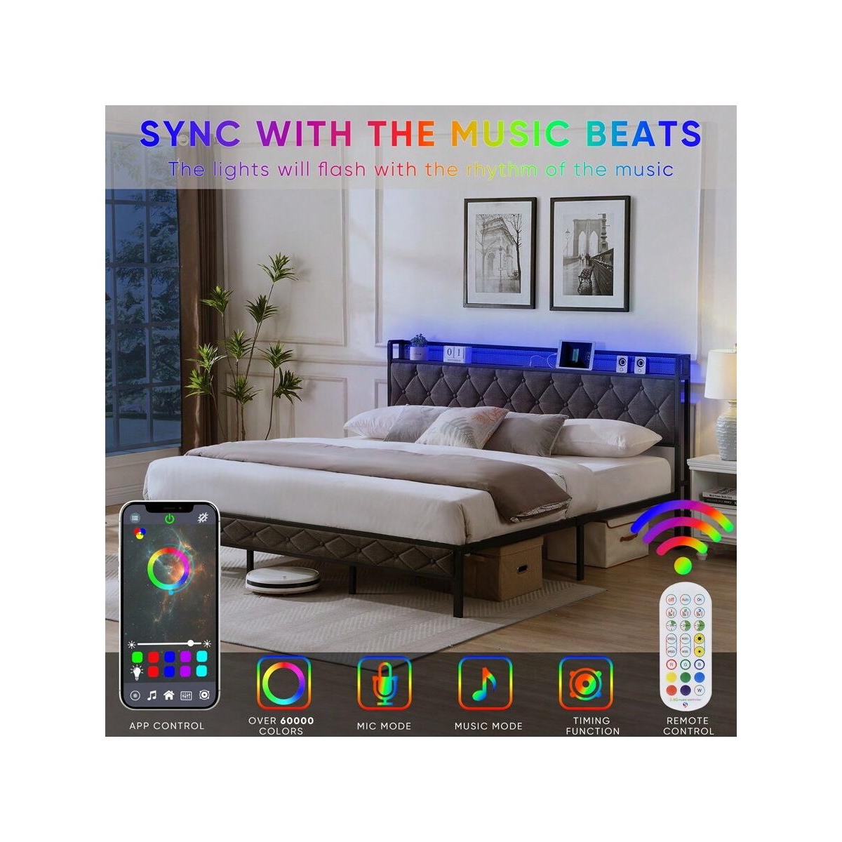 gaomon Full Size Bed With Storage Headboard, Charging Station And Led Lights, Upholstered Platform Bed Frame With Metal Slats, Noise Free, No Box Spri