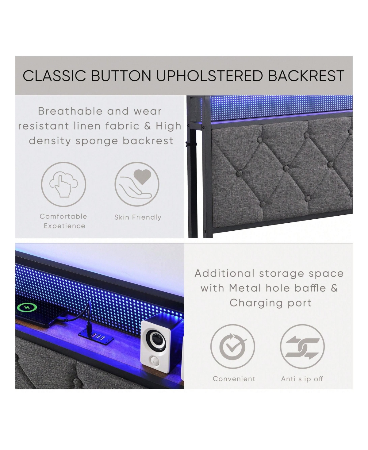 gaomon Full Size Bed With Storage Headboard, Charging Station And Led Lights, Upholstered Platform Bed Frame With Metal Slats, Noise Free, No Box Spri
