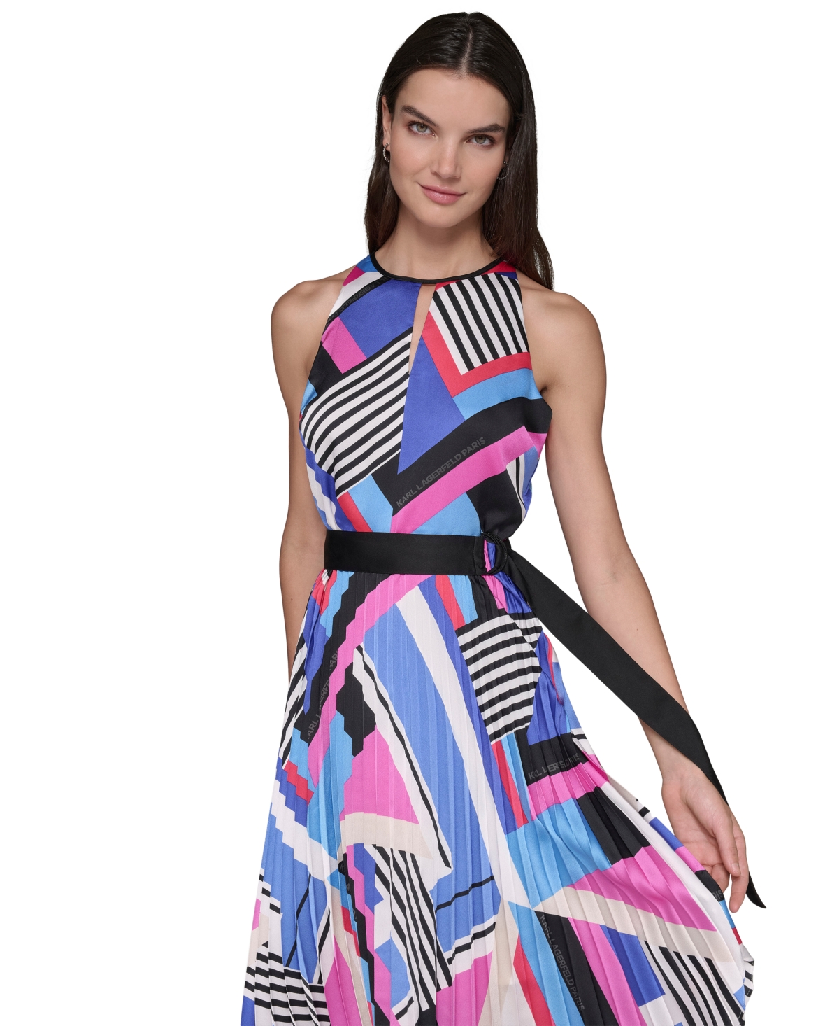 Karl Lagerfeld Paris Women's Printed High-Neck A-Line Dress - Soft White  Azure Blue