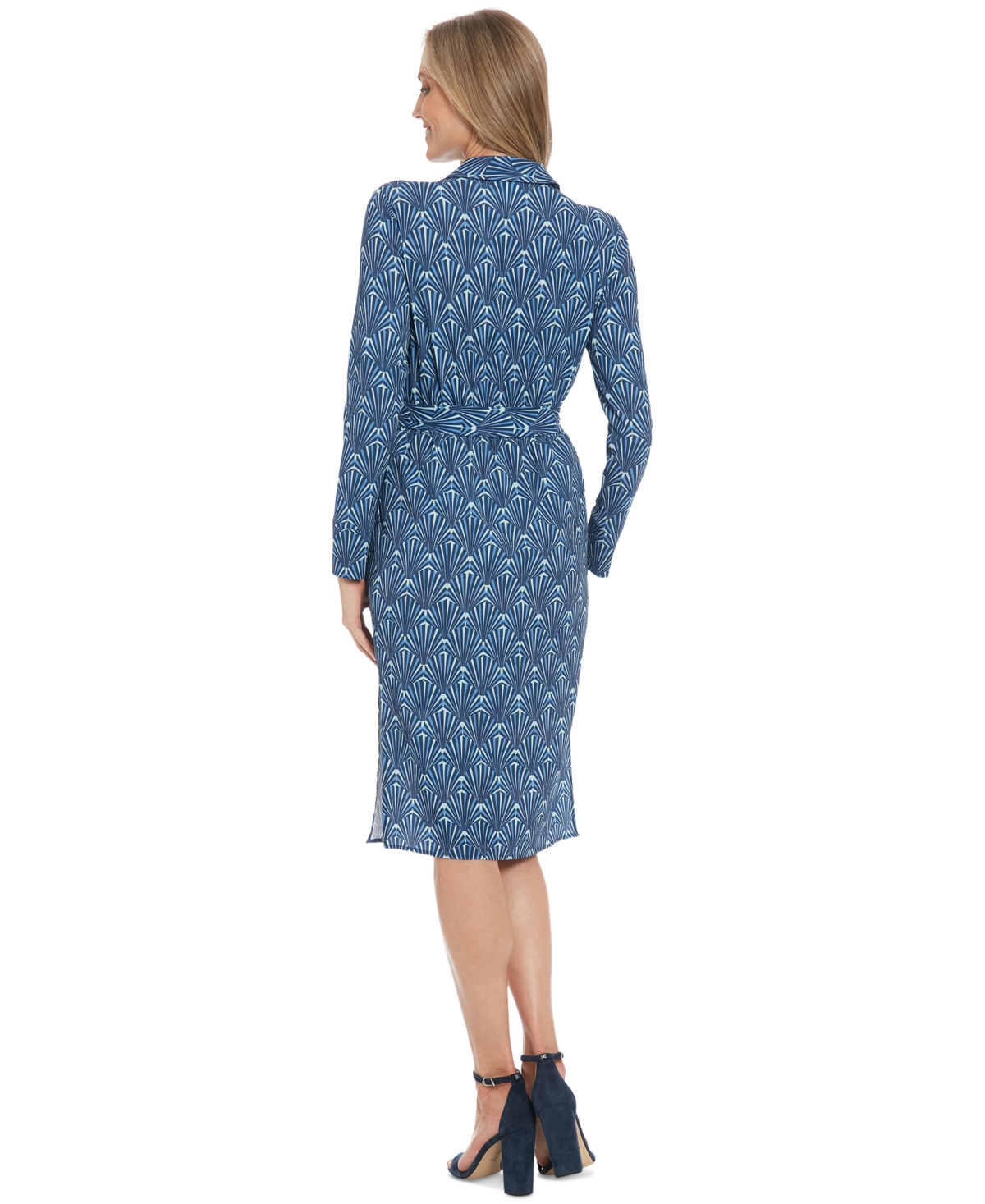 London Times Petite Geometric-Print Belted Side-Slit Dress
