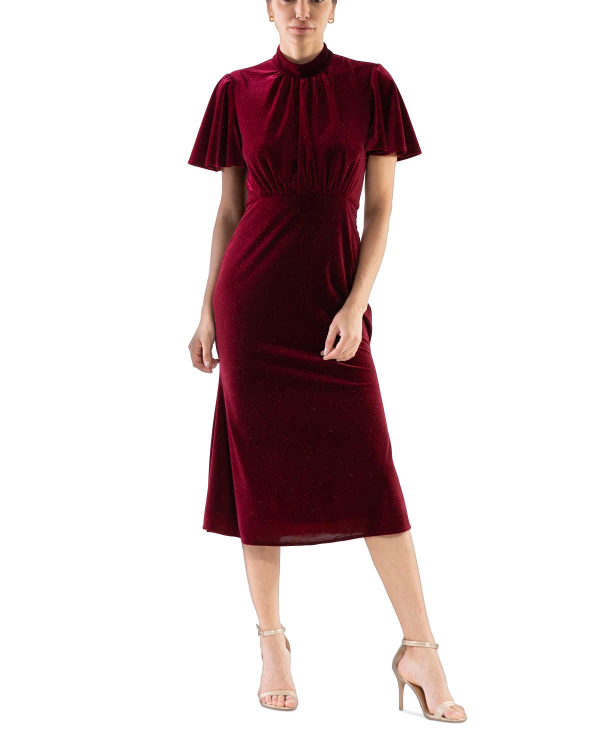 Women's Velvet Mock-Neck Flutter-Sleeve Dress - Burgandy