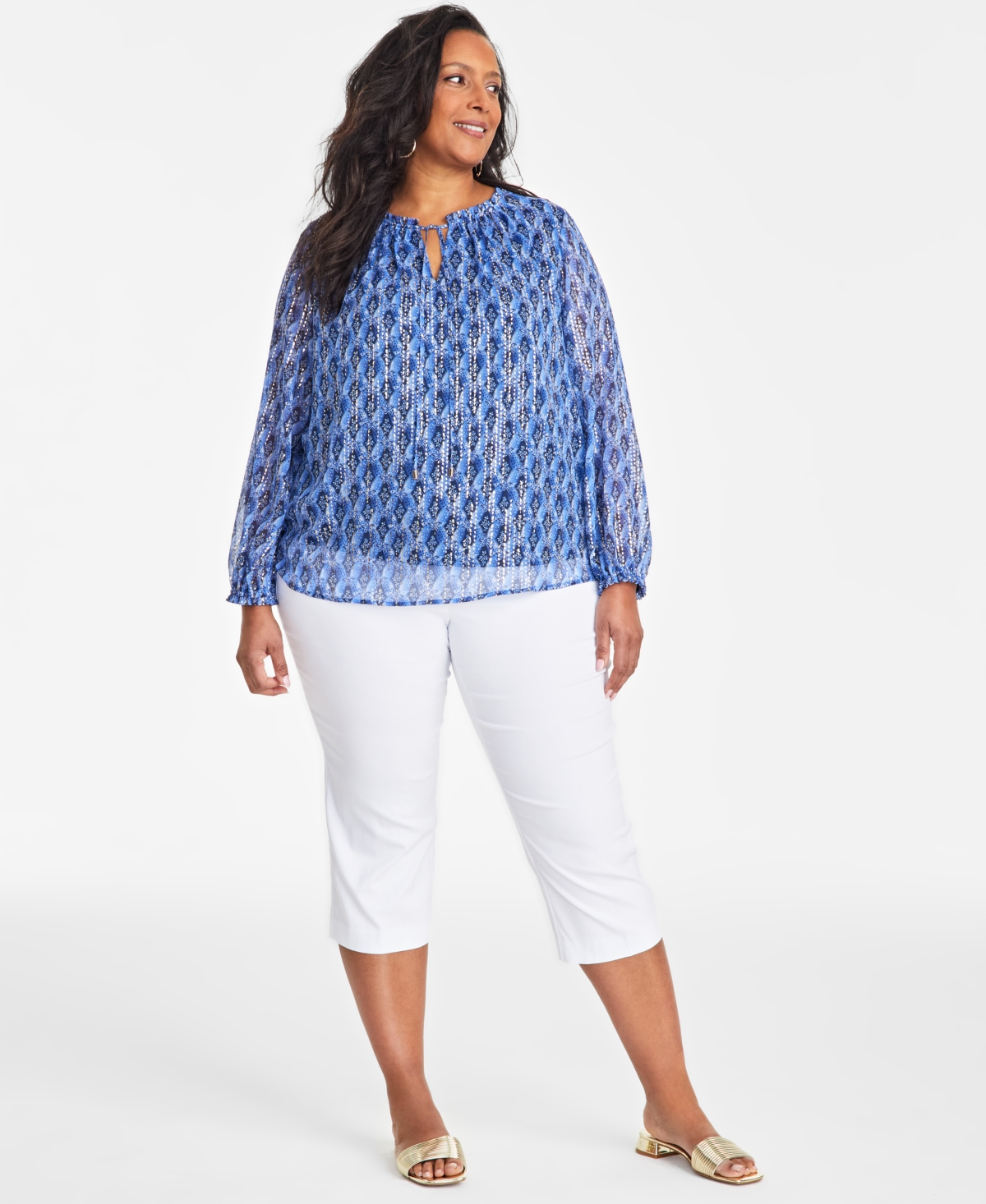 Jm Collection Plus Size Printed Split-neck Blouse, Exclusively At Macy's In Intrepid Blue