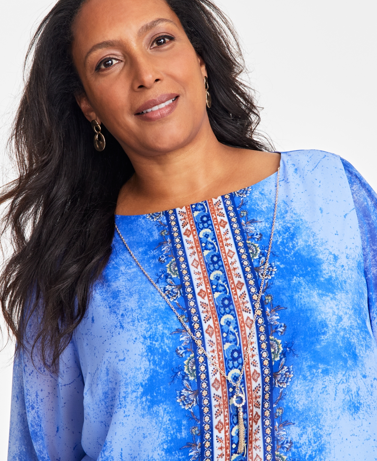 Jm Collection Plus Size Printed Split-Sleeve Necklace Top, Exclusively at Macy's
