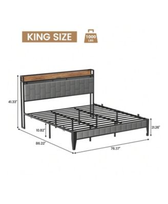 Full/Queen/King Size Bed Frame With Charging Station, LED Bed Frame With Storage Headboard, Upholstered Platform Bed Frame, No Box Spring Needed, Easy Assembly