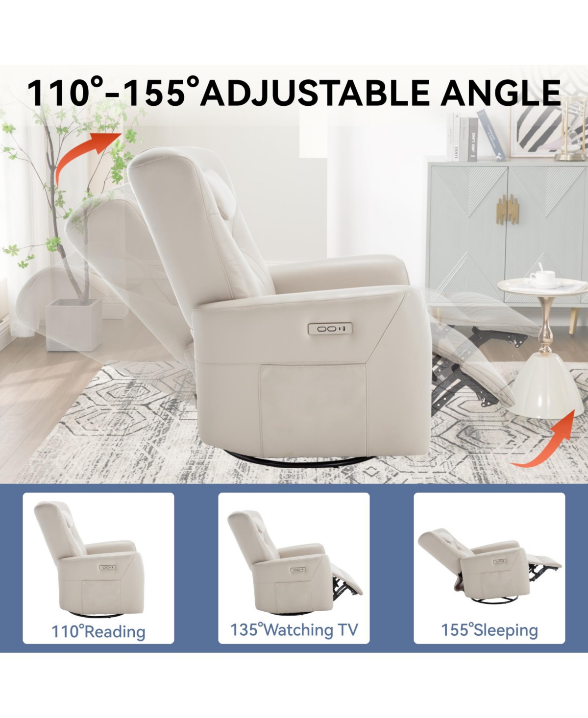Streamdale FurnitureGrey Leatheraire Swivel and Rocker Power Recliner Chair with Lumbar and Neck Support Pillow, Heavy Duty Motion Mechanism wi