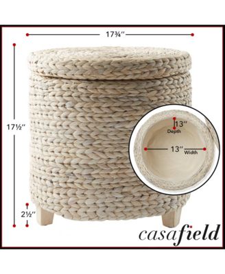17&amp;#x22; Round Storage Ottoman with Lid - Whitewash, Handwoven Footstool for Living Room, Bedroom, Bathroom, Home Office