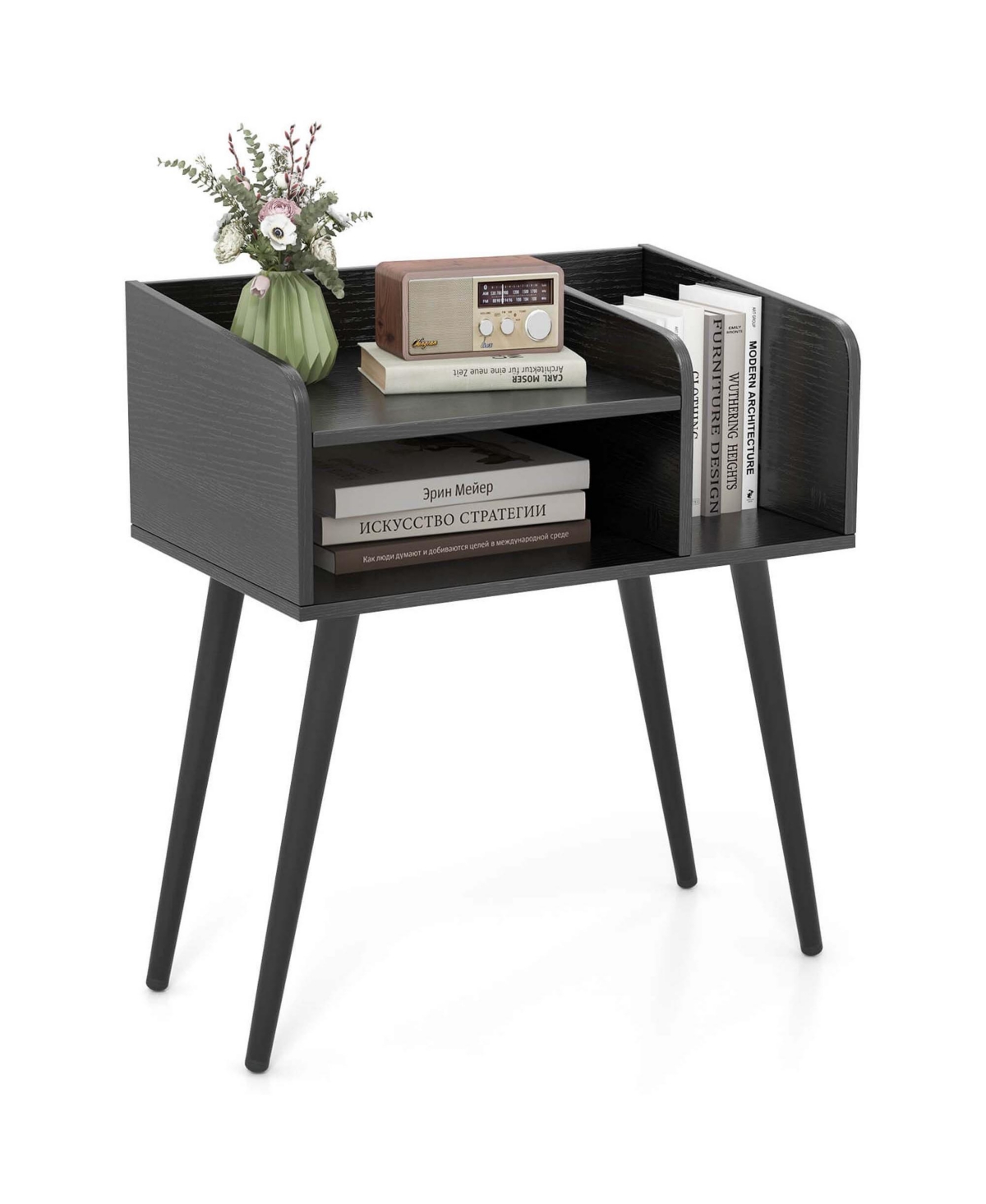 Costway Mid Century Modern End Table with Open Shelves Metal Support Legs for Bedroom