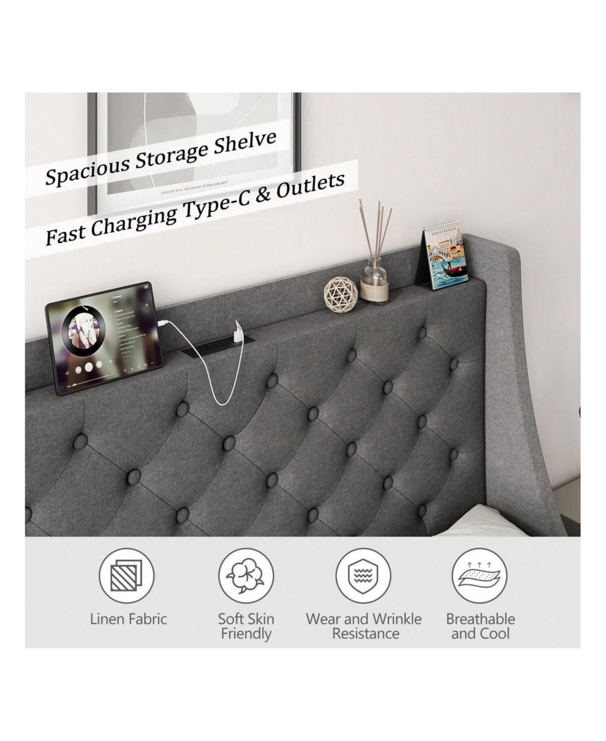 gaomon Full /Queen Bed Frame With 4 Storage Drawers, Platform Bed With Type-c & Usb Port And Charging Station, Upholstered Wingback Headboard And Stor