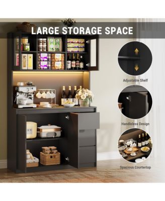 70" Kitchen Food Pantry with Charge Station, LED Light,Storage Cabinet