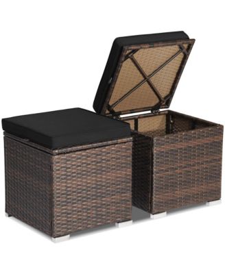 2 Pc Patio Rattan Storage Ottomans with Cushions