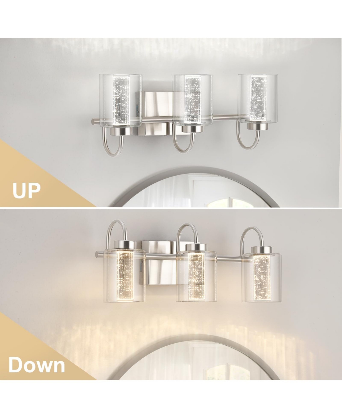 gaomon 3 Light Brushed Nickel Bathroom Light Fixtures, Vanity Lights Crystal Bubble Glass Dimmable 3 Color