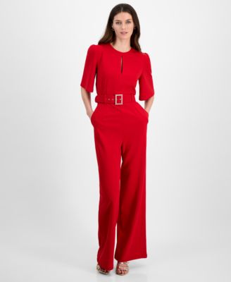 Tahari ASL - Women's Keyhole Buckle-Belt Wide-Leg Jumpsuit