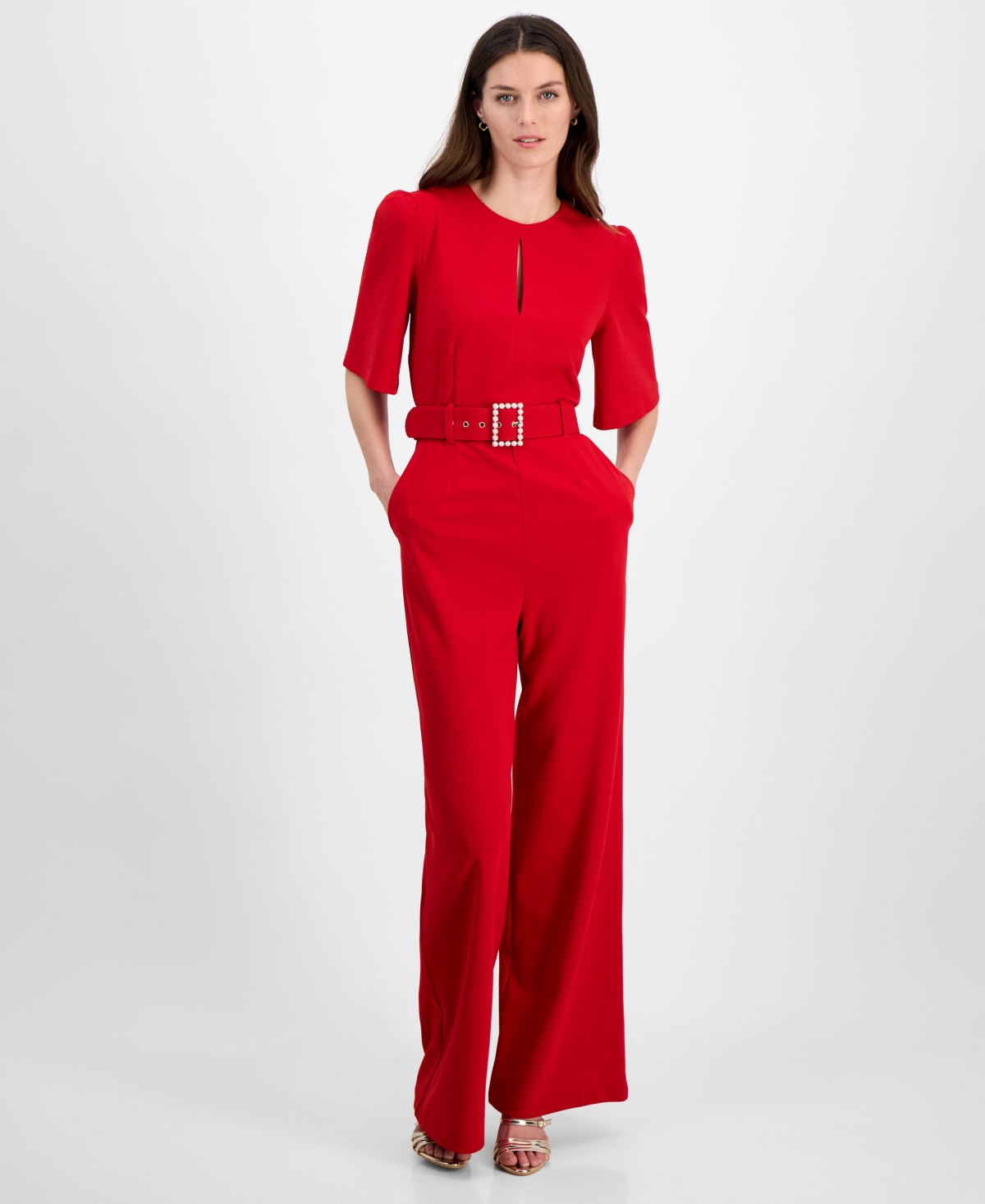 Tahari Asl Women's Keyhole Buckle-Belt Wide-Leg Jumpsuit