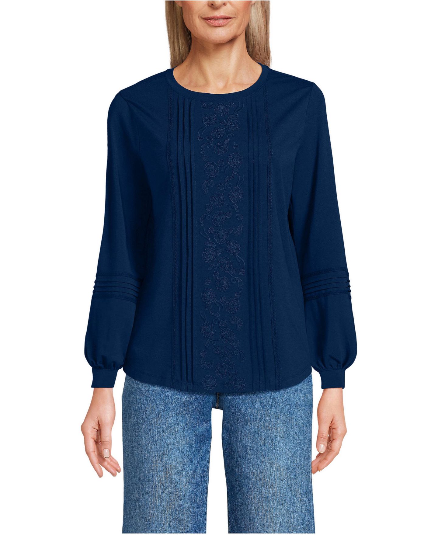 Женский топ Lands' End Long Sleeve Lightweight Jersey Pintuck Embroidery, цвет: Морской тёмно-синий — фото 1
