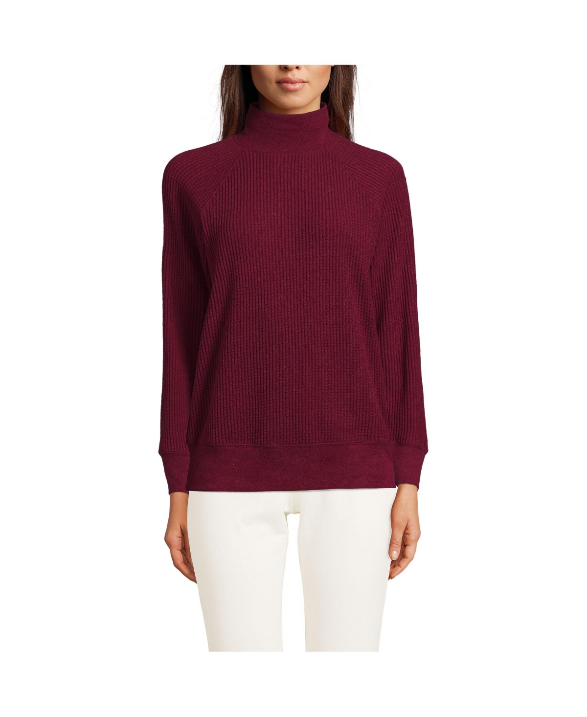 Lands' End Women's Waffle Relaxed Long Sleeve Mock Neck Pullover