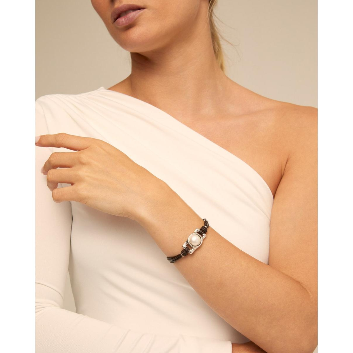 Unode50 Sterling Silver Leather Strap Rectangular Bead Bracelet In Black