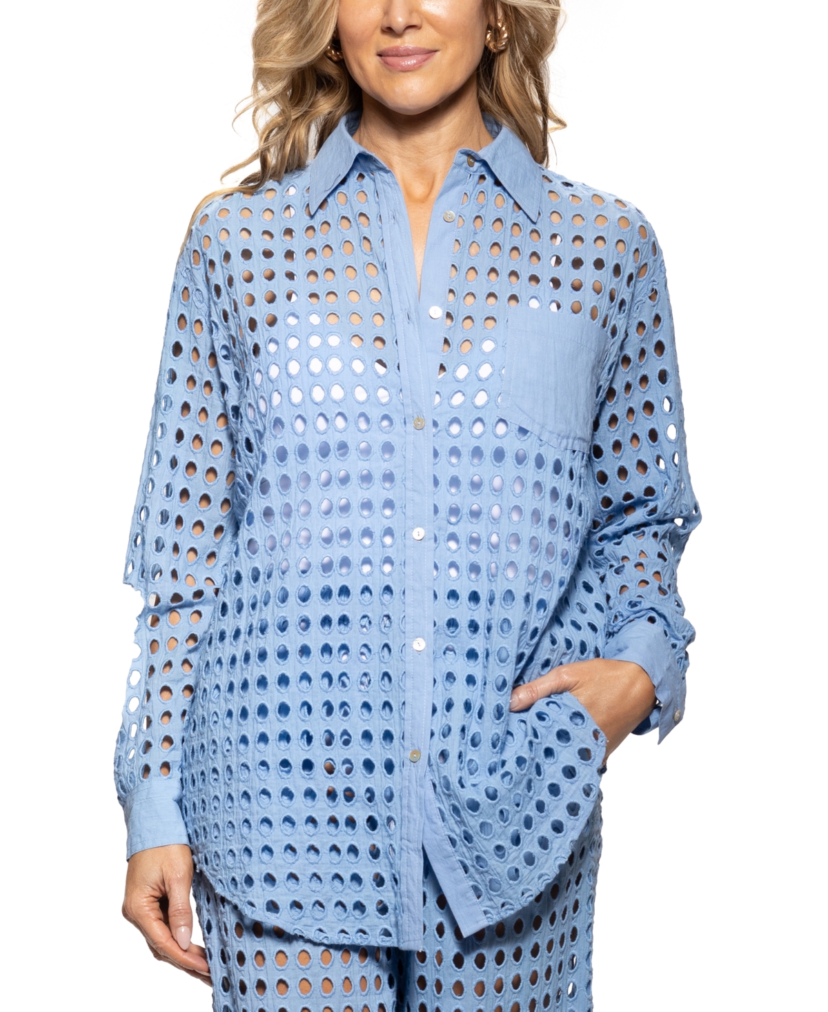 DOTTI WOMEN'S COTTON OPENWORK DOT COVER-UP BEACH SHIRT 