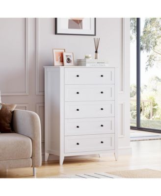 White 5 Chest of Drawer Dresser, Modern Tall Nightstand with Deep Drawers and Nickel Round Handle