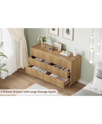 Brown 6 Drawer Dresser for Bedroom, 56” Wide Wood Dresser Organizer with Metal Legs