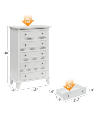 5 Drawers Dresser for Bedroom, White Dresser with Wide Drawers, Wood Chest of Drawers, Tall Dresser for Bedroom