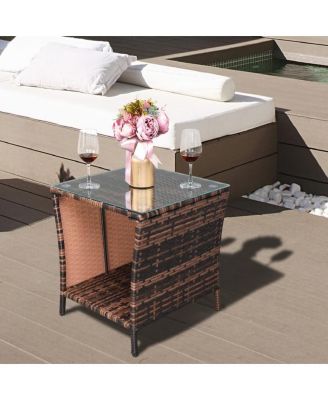 Brown Gradient Iron Frame Rattan Side Table with Glass Surface - Elegant Design