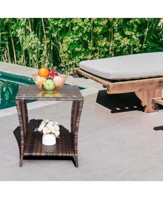 Brown Gradient Iron Frame Rattan Side Table with Glass Surface - Elegant Design