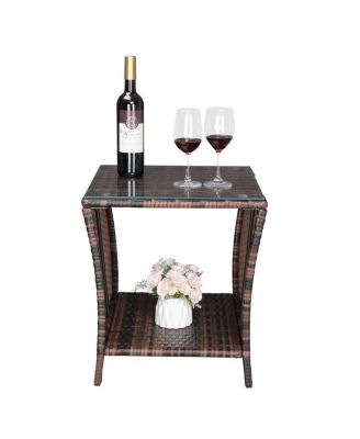Brown Gradient Iron Frame Rattan Side Table with Glass Surface - Elegant Design