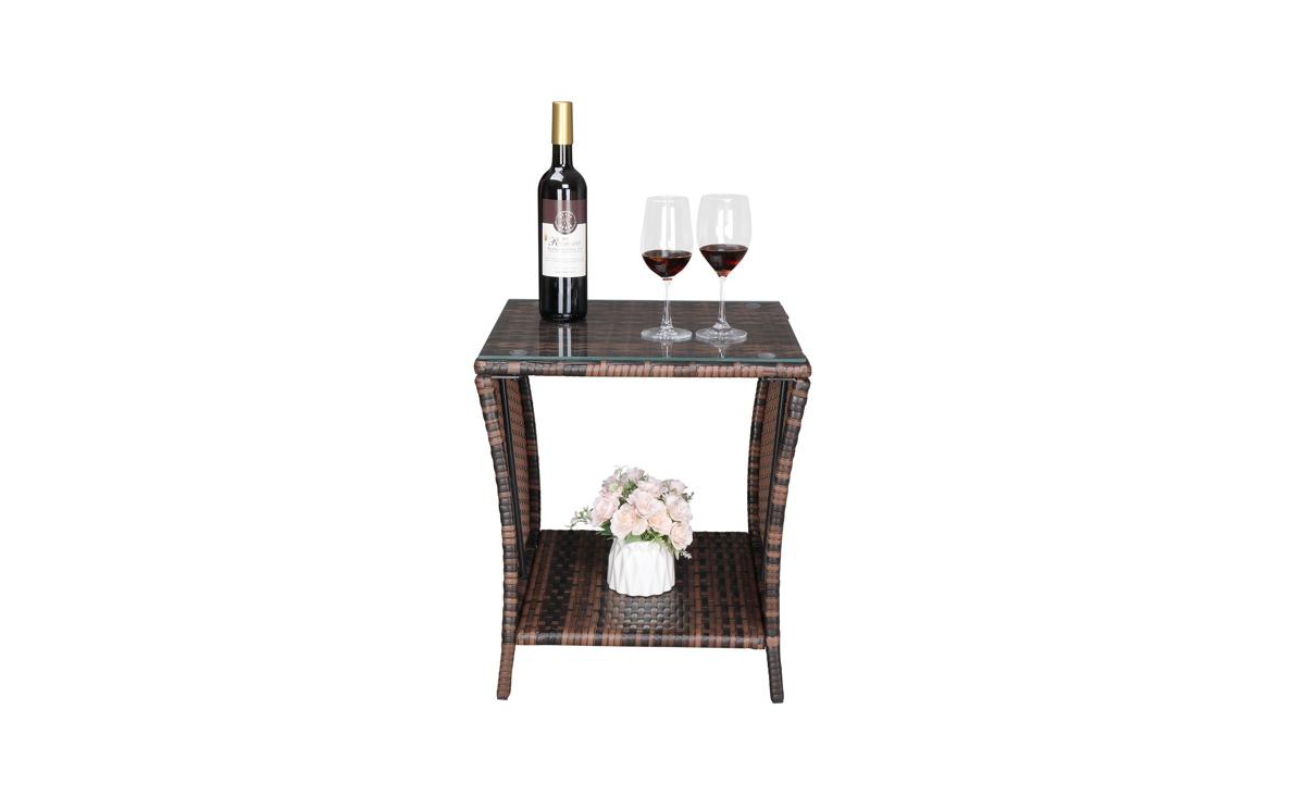 SlickblueGradient Iron Frame Rattan Side Table with Glass Surface - Elegant Design - Brown