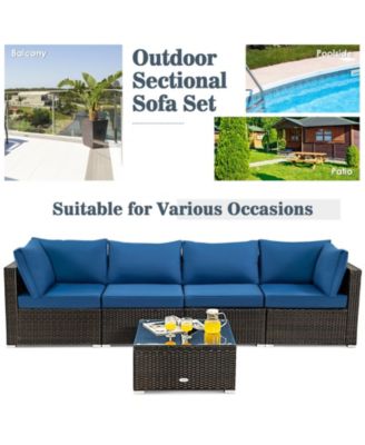 5 Pieces Cushioned Patio Rattan Furniture Set with Glass Table