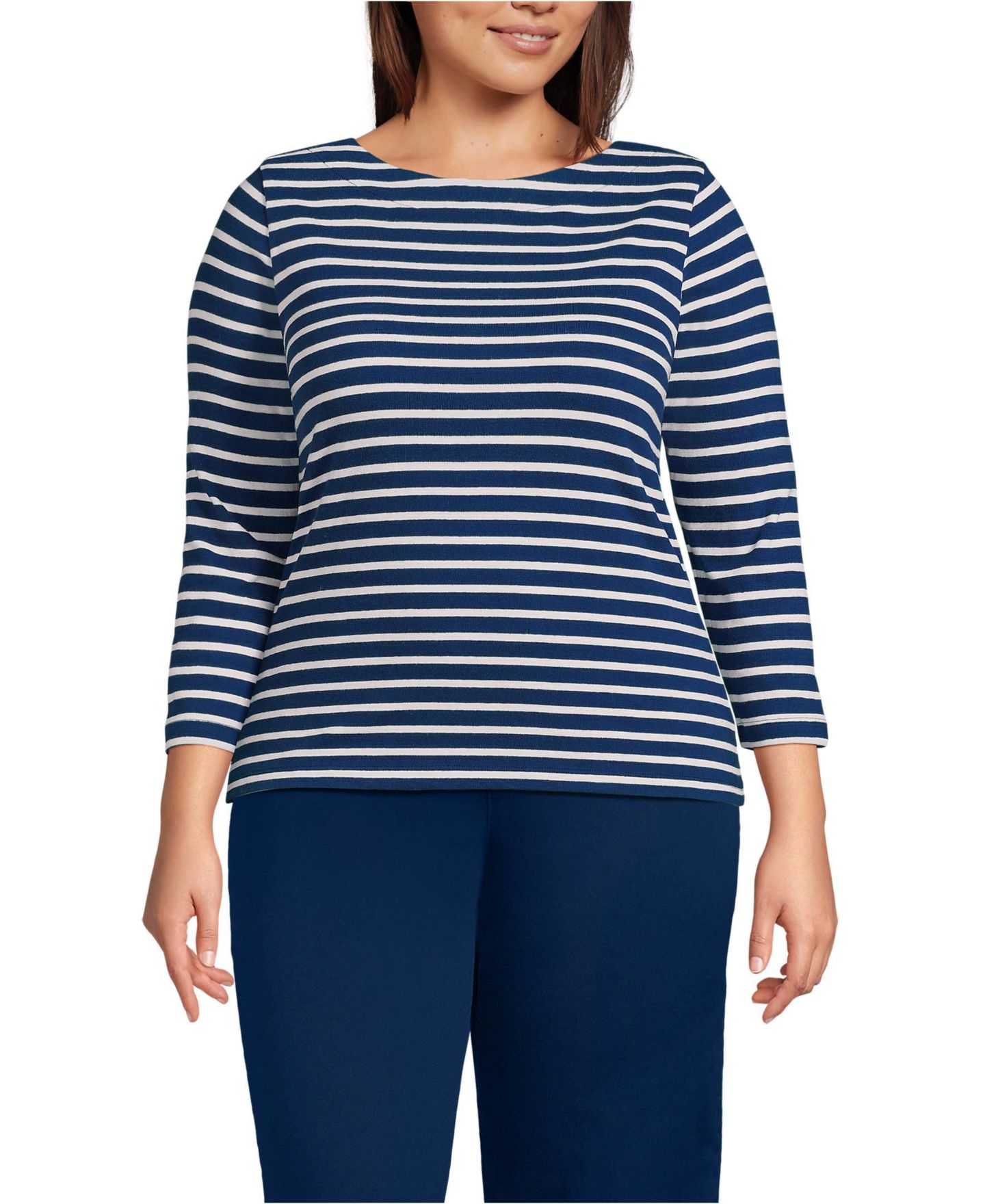 Женский топ Lands' End Plus Size Mariner Jersey Boatneck, цвет: Морской / Слоновая кость полосатый — фото 1