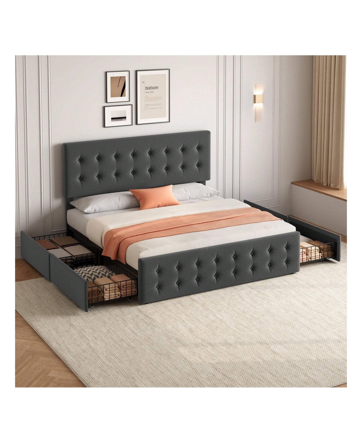 gaomon Bed Frame,With 4 Storage Drawers And Headboard, Linen Upholstered Platform Bed Frame With Wooden Slats Support, Button Tufted Design, No Box Sp